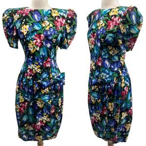 Vintage 80s Puff Sleeve Floral Print Mini Cocktail Dress Bow Detail Cotton 8/10